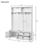 Porte-manteau moderne Okak avec armoire de rangement et 2 grands tiroirs, porte-manteau élargi avec 5 crochets, porte-manteau pour entrée, salon, blanc