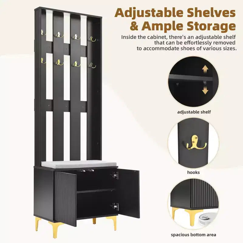 Meuble d'entrée moderne Okak avec banc rembourré et étagères réglables, étagère de rangement avec 8 crochets et pieds dorés, porte-manteau pour salon, couloir, noir