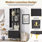 Meuble d'entrée moderne Okak avec banc rembourré et étagères réglables, étagère de rangement avec 8 crochets et pieds dorés, porte-manteau pour salon, couloir, noir