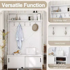 Porte-manteau d'entrée Okak Farmhouse avec étagère supérieure et banc de rangement, porte-manteau avec portes coulissantes et 5 crochets, meuble de rangement pour entrée, couloir, blanc cassé