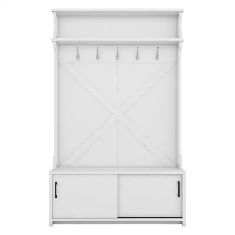 Porte-manteau d'entrée Okak Farmhouse avec étagère supérieure et banc de rangement, porte-manteau avec portes coulissantes et 5 crochets, meuble de rangement pour entrée, couloir, blanc cassé