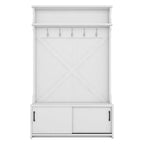 Porte-manteau d'entrée Okak Farmhouse avec étagère supérieure et banc de rangement, porte-manteau avec portes coulissantes et 5 crochets, meuble de rangement pour entrée, couloir, blanc cassé