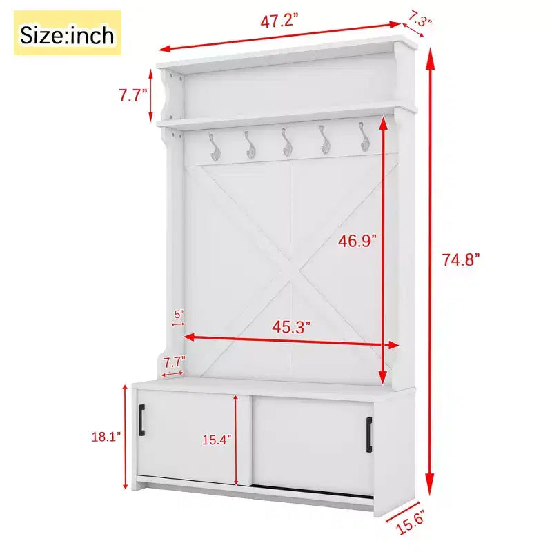 Porte-manteau d'entrée Okak Farmhouse avec étagère supérieure et banc de rangement, porte-manteau avec portes coulissantes et 5 crochets, meuble de rangement pour entrée, couloir, blanc cassé