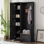 Porte-manteau élégant Okak avec banc relevable, patère avec armoire à chaussures et étagères réglables, porte-manteau avec crochets de suspension pour entrées, Noir