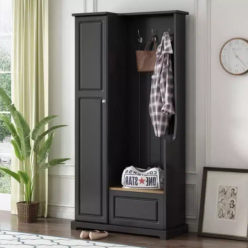 Porte-manteau élégant Okak avec banc relevable, patère avec armoire à chaussures et étagères réglables, porte-manteau avec crochets de suspension pour entrées, Noir