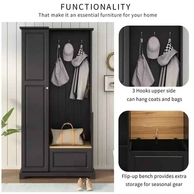 Porte-manteau élégant Okak avec banc relevable, patère avec armoire à chaussures et étagères réglables, porte-manteau avec crochets de suspension pour entrées, Noir