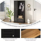 Porte-manteau élégant Okak avec banc relevable, patère avec armoire à chaussures et étagères réglables, porte-manteau avec crochets de suspension pour entrées, Noir