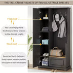 Porte-manteau élégant Okak avec banc relevable, patère avec armoire à chaussures et étagères réglables, porte-manteau avec crochets de suspension pour entrées, Noir