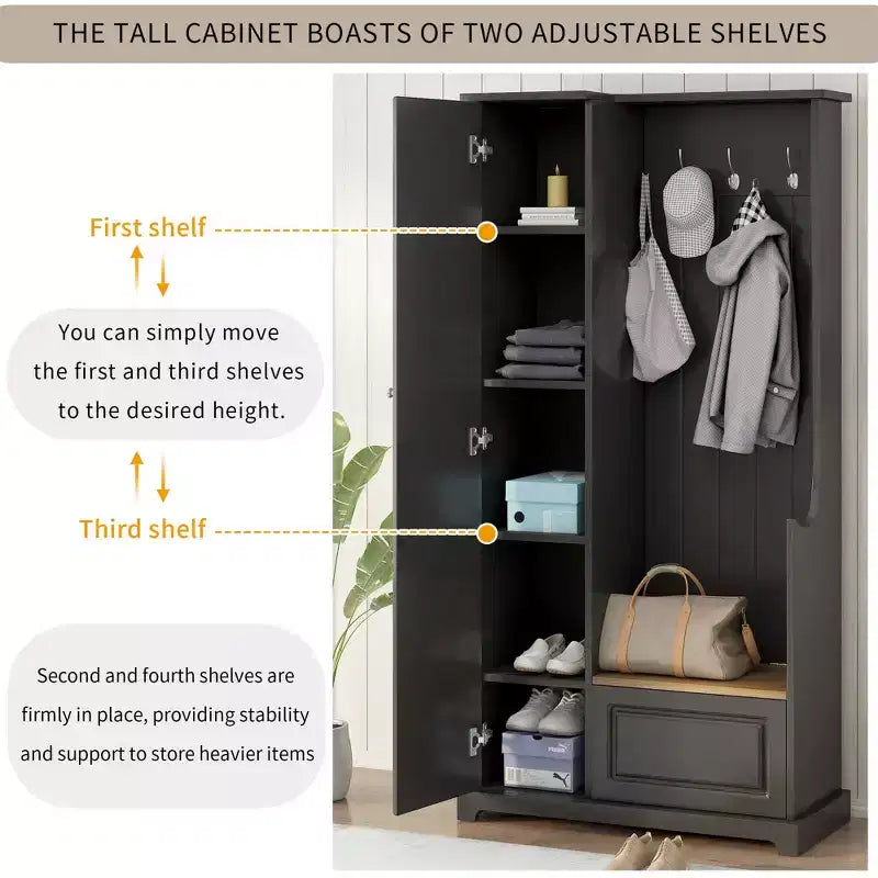 Porte-manteau élégant Okak avec banc relevable, patère avec armoire à chaussures et étagères réglables, porte-manteau avec crochets de suspension pour entrées, Noir