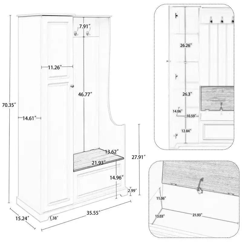 Porte-manteau élégant Okak avec banc relevable, patère avec armoire à chaussures et étagères réglables, porte-manteau avec crochets de suspension pour entrées, Noir