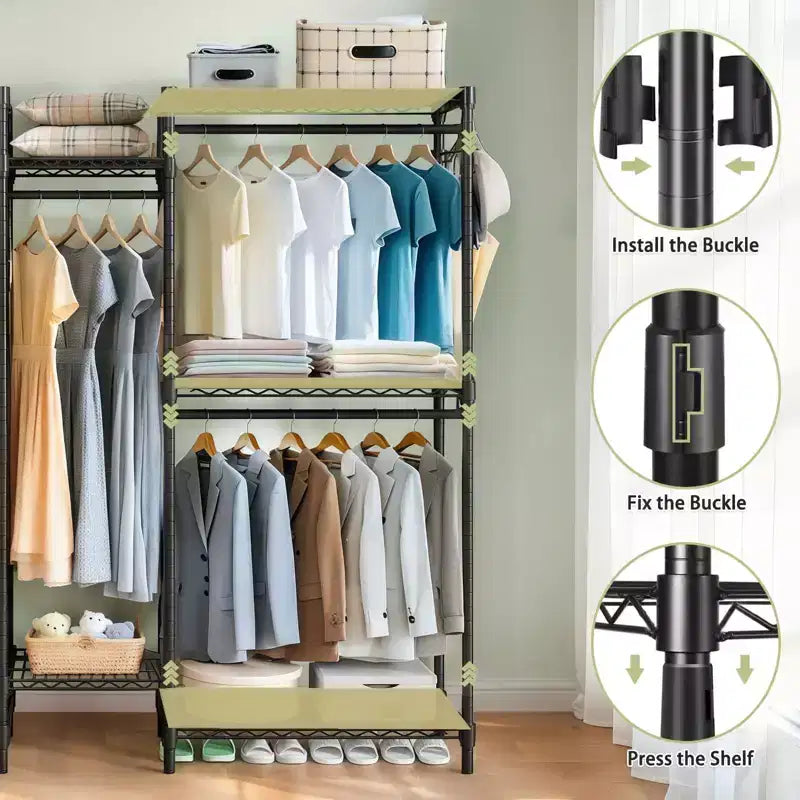 Porte-manteau autoportant robuste Okak avec 8 étagères métalliques réglables, meuble d'entrée avec 5 tringles à vêtements, étagère de rangement pour chambre, Noir