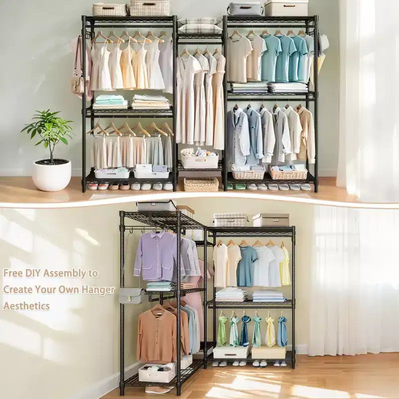 Porte-manteau autoportant robuste Okak avec 8 étagères métalliques réglables, meuble d'entrée avec 5 tringles à vêtements, étagère de rangement pour chambre, Noir