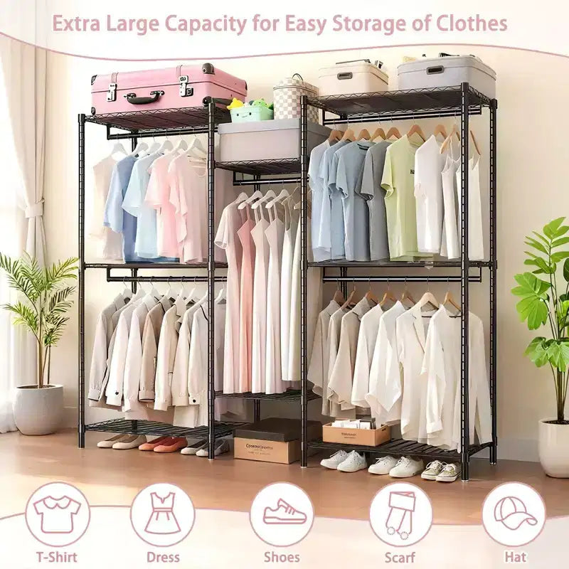 Porte-manteau autoportant robuste Okak avec 8 étagères métalliques réglables, meuble d'entrée avec 5 tringles à vêtements, étagère de rangement pour chambre, Noir