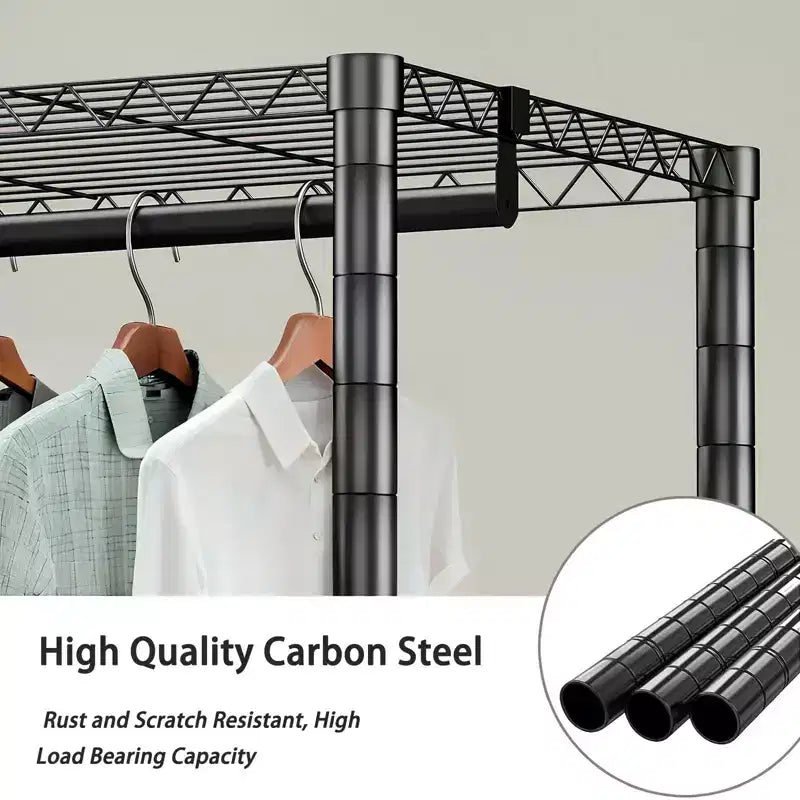 Porte-manteau autoportant robuste Okak avec 8 étagères métalliques réglables, meuble d'entrée avec 5 tringles à vêtements, étagère de rangement pour chambre, Noir