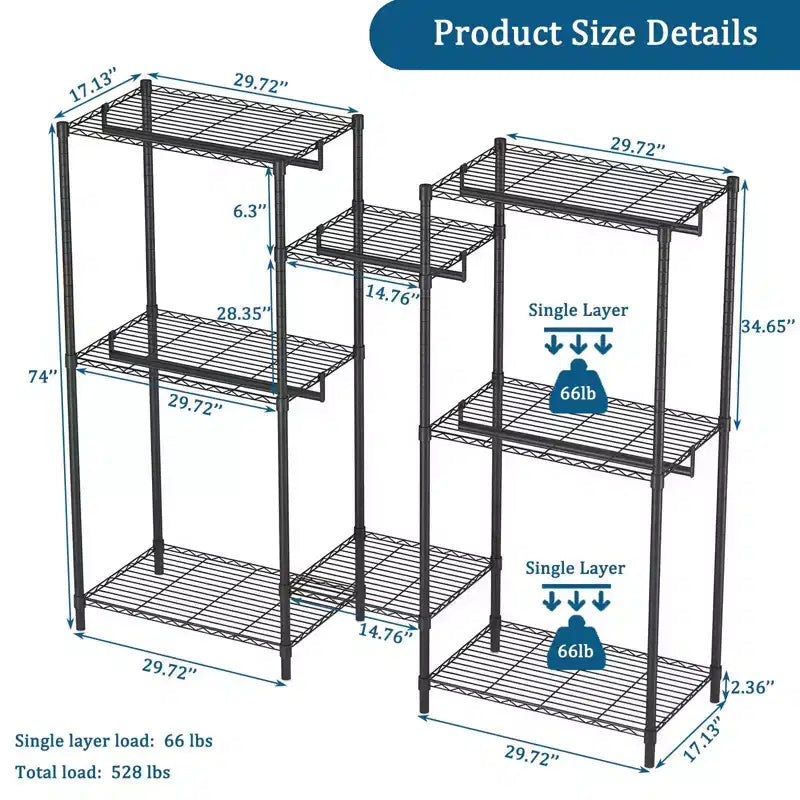 Porte-manteau autoportant robuste Okak avec 8 étagères métalliques réglables, meuble d'entrée avec 5 tringles à vêtements, étagère de rangement pour chambre, Noir