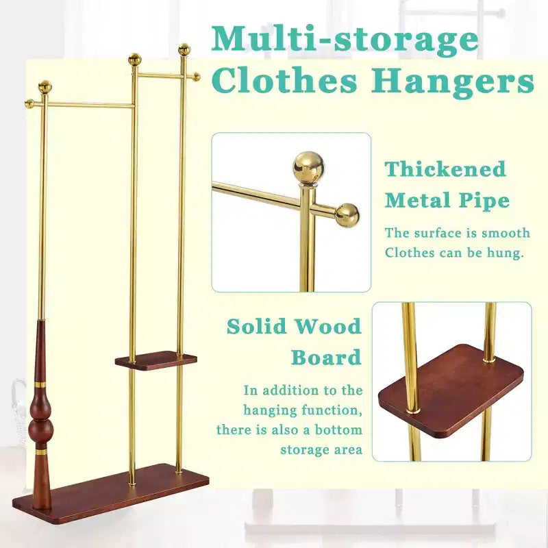 Meuble d'entrée Okak avec étagères en bois et cadre en acier inoxydable, porte-manteau industriel au design élégant, arbre à manteaux pour salon, chambre, or