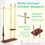 Meuble d'entrée Okak avec étagères en bois et cadre en acier inoxydable, porte-manteau industriel au design élégant, arbre à manteaux pour salon, chambre, or