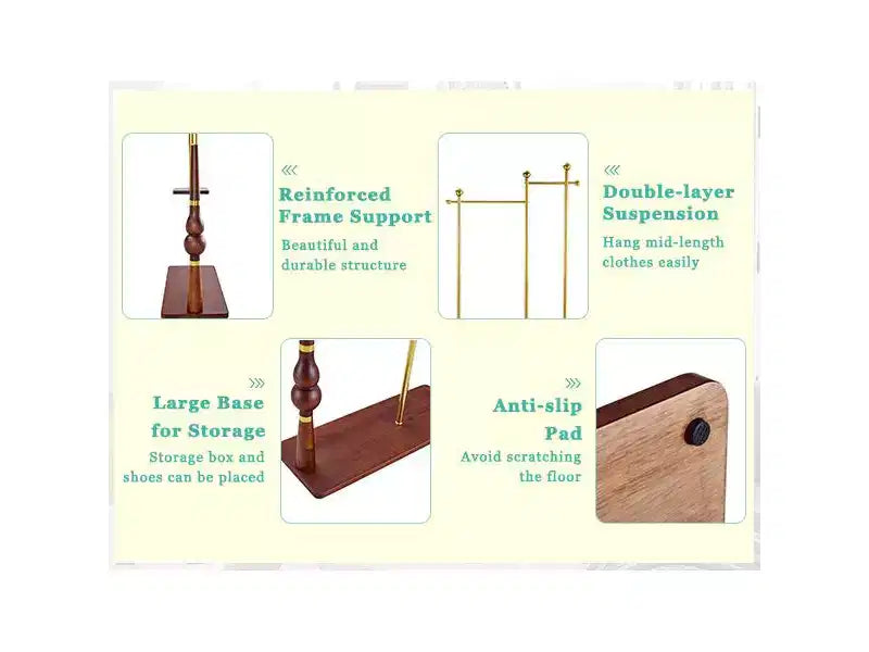 Meuble d'entrée Okak avec étagères en bois et cadre en acier inoxydable, porte-manteau industriel au design élégant, arbre à manteaux pour salon, chambre, or