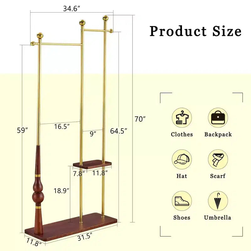 Meuble d'entrée Okak avec étagères en bois et cadre en acier inoxydable, porte-manteau industriel au design élégant, arbre à manteaux pour salon, chambre, or