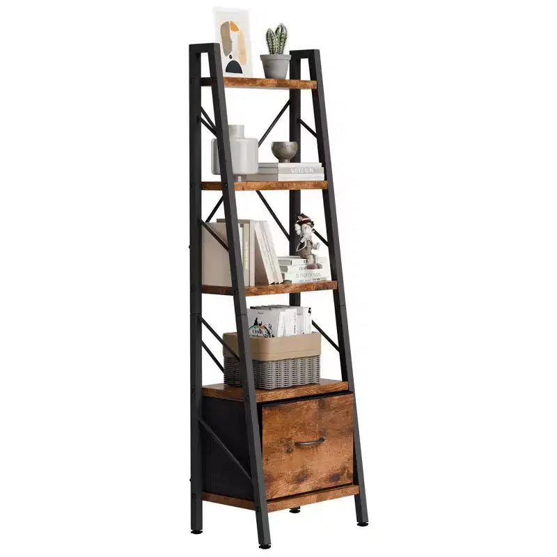 Étagère échelle à 5 niveaux Celebalcony avec tiroir, étagère d'angle moderne avec rangement pour CD/livres/films, bibliothèque pour la maison/le bureau, marron rustique