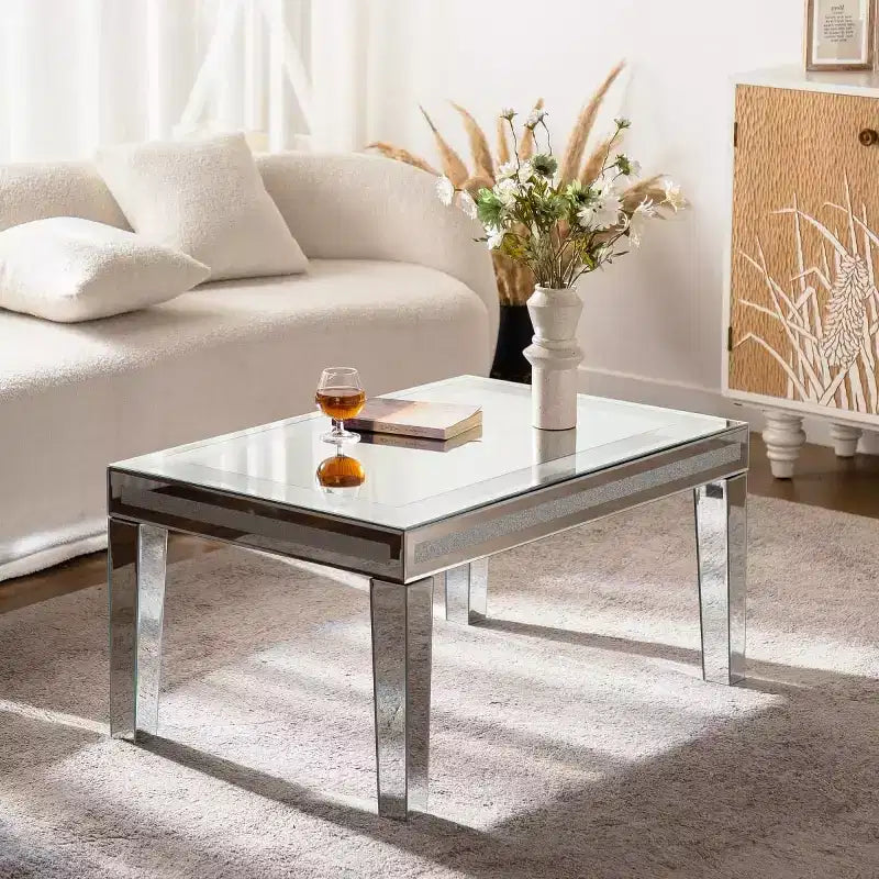 Table Basse Rectangulaire Moderne avec Plateau en Verre Miroir, Table Centrale Finition Miroir pour Salon ou Appartement - Panipeachy