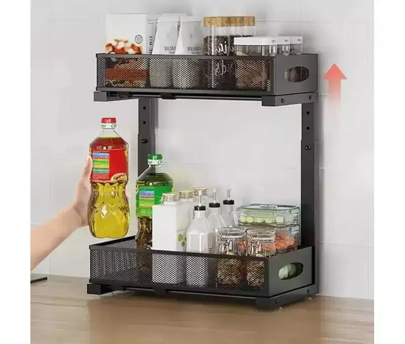 Organisateur de placard sous évier amélioré à 2 niveaux, tiroir grillagé coulissant en métal, panier à épices coulissant pour armoire, étagères multifonctionnelles pour cuisines