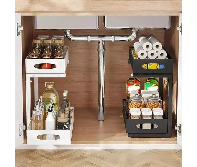 Organisateur de placard sous évier amélioré à 2 niveaux, tiroir grillagé coulissant en métal, panier à épices coulissant pour armoire, étagères multifonctionnelles pour cuisines