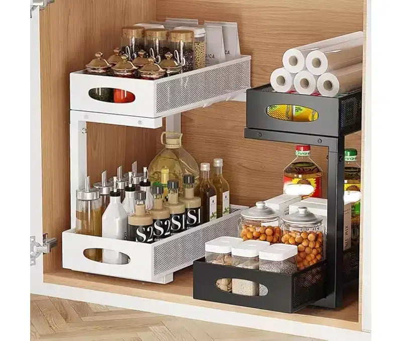 Organisateur de placard sous évier amélioré à 2 niveaux, tiroir grillagé coulissant en métal, panier à épices coulissant pour armoire, étagères multifonctionnelles pour cuisines