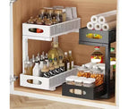 Organisateur de placard sous évier amélioré à 2 niveaux, tiroir grillagé coulissant en métal, panier à épices coulissant pour armoire, étagères multifonctionnelles pour cuisines