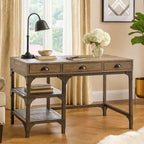 Royal Hampton Wood And Metal Desk With Three Drawers And Two Side Shelves, Oak Brown And Gray