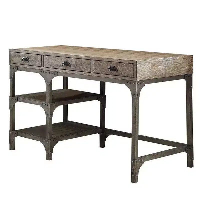 Bureau Royal Hampton en bois et métal avec trois tiroirs et deux étagères latérales, Chêne marron et gris