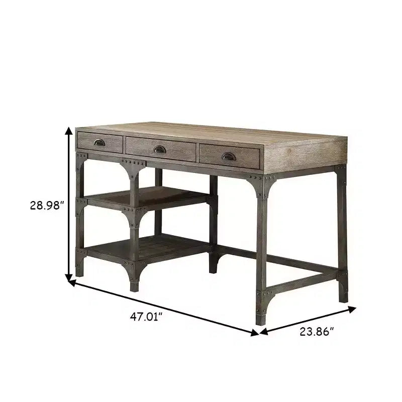 Bureau Royal Hampton en bois et métal avec trois tiroirs et deux étagères latérales, Chêne marron et gris