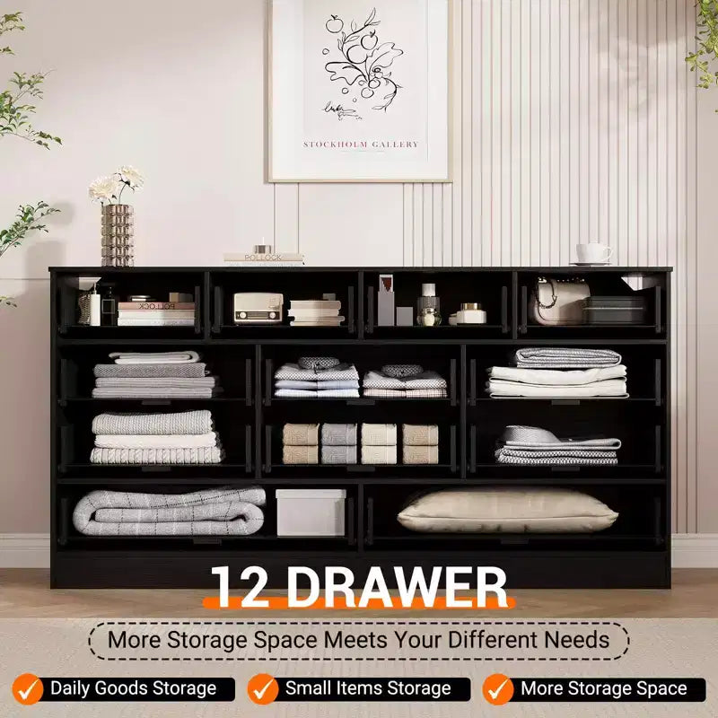 Commode en bois pour chambre à coucher avec 12 tiroirs, commode-meuble TV de 155 cm de large pour téléviseur de 65 pouces, commode en rotin pour salon, couloir