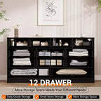 Commode en bois pour chambre à coucher avec 12 tiroirs, commode-meuble TV de 155 cm de large pour téléviseur de 65 pouces, commode en rotin pour salon, couloir