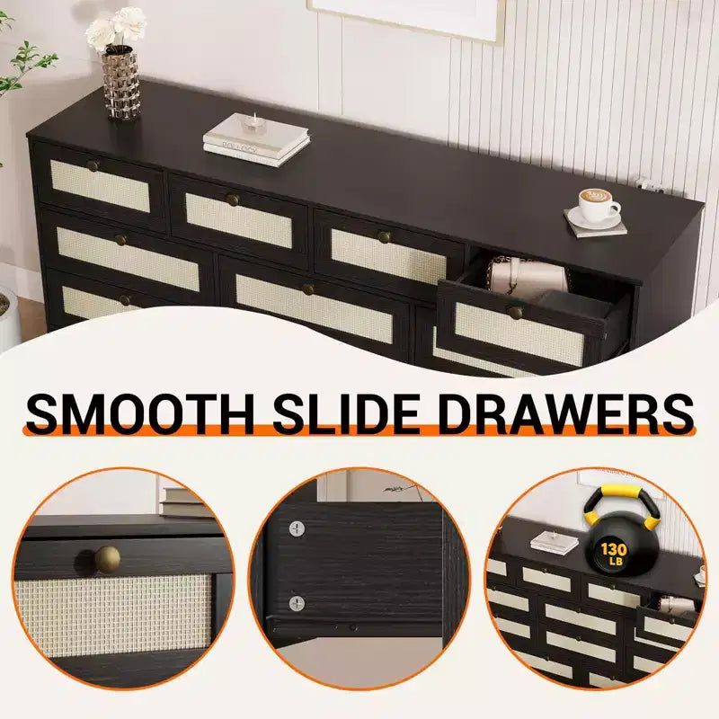 Commode en bois pour chambre à coucher avec 12 tiroirs, commode-meuble TV de 155 cm de large pour téléviseur de 65 pouces, commode en rotin pour salon, couloir