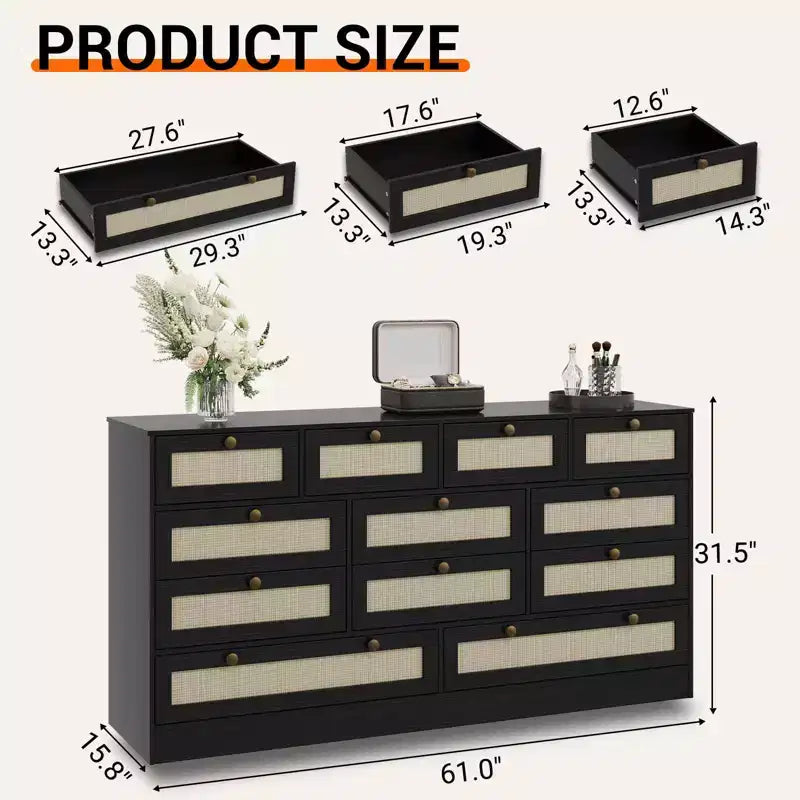 Commode en bois pour chambre à coucher avec 12 tiroirs, commode-meuble TV de 155 cm de large pour téléviseur de 65 pouces, commode en rotin pour salon, couloir