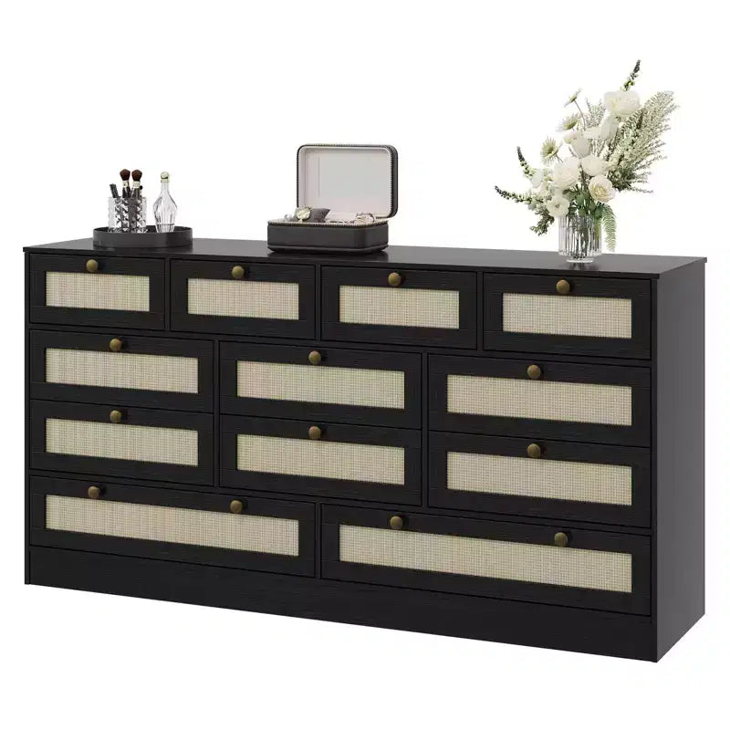 Commode en bois pour chambre à coucher avec 12 tiroirs, commode-meuble TV de 155 cm de large pour téléviseur de 65 pouces, commode en rotin pour salon, couloir