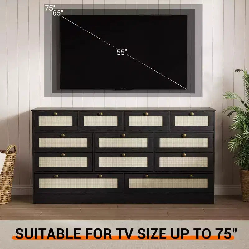 Commode en bois pour chambre à coucher avec 12 tiroirs, commode-meuble TV de 155 cm de large pour téléviseur de 65 pouces, commode en rotin pour salon, couloir
