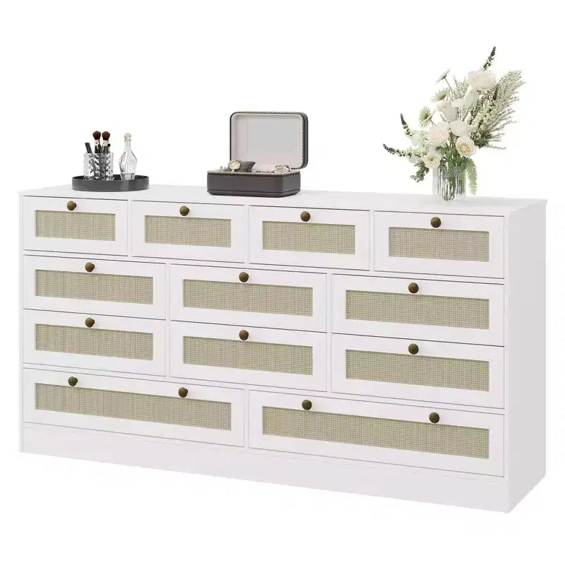 Commode en bois pour chambre à coucher avec 12 tiroirs, commode-meuble TV de 155 cm de large pour téléviseur de 65 pouces, commode en rotin pour salon, couloir