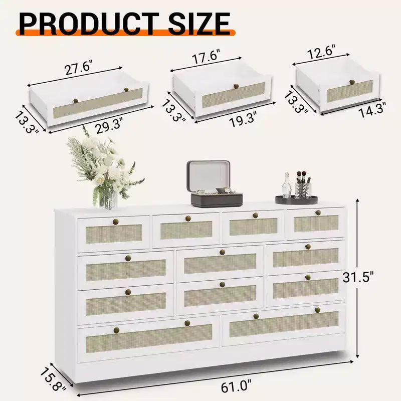 Commode en bois pour chambre à coucher avec 12 tiroirs, commode-meuble TV de 155 cm de large pour téléviseur de 65 pouces, commode en rotin pour salon, couloir