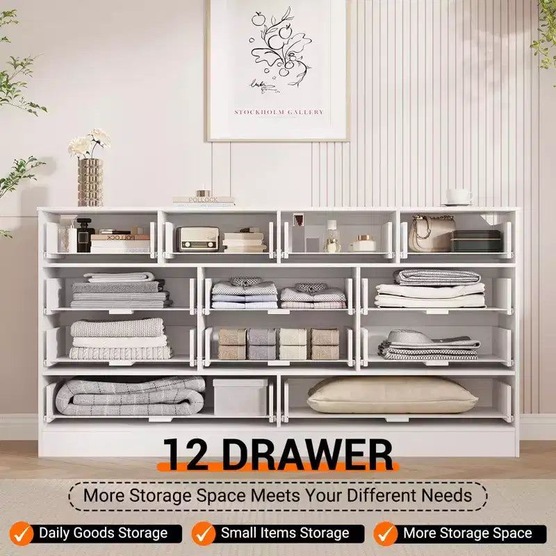 Commode en bois pour chambre à coucher avec 12 tiroirs, commode-meuble TV de 155 cm de large pour téléviseur de 65 pouces, commode en rotin pour salon, couloir