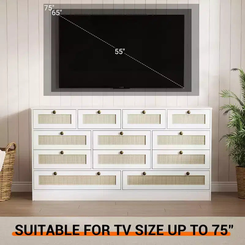 Commode en bois pour chambre à coucher avec 12 tiroirs, commode-meuble TV de 155 cm de large pour téléviseur de 65 pouces, commode en rotin pour salon, couloir