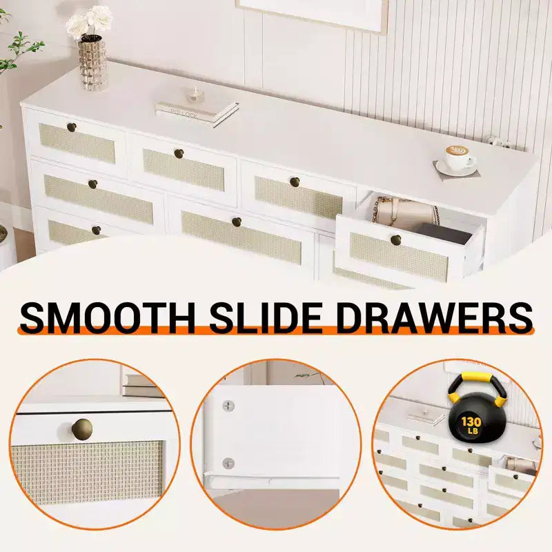 Commode en bois pour chambre à coucher avec 12 tiroirs, commode-meuble TV de 155 cm de large pour téléviseur de 65 pouces, commode en rotin pour salon, couloir