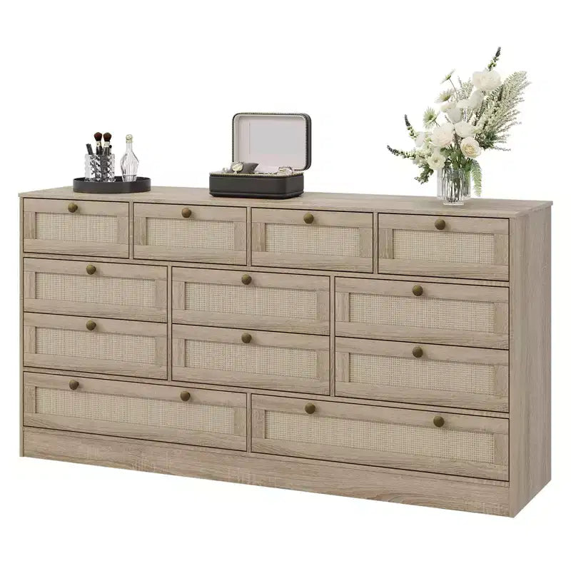 Commode en bois pour chambre à coucher avec 12 tiroirs, commode-meuble TV de 155 cm de large pour téléviseur de 65 pouces, commode en rotin pour salon, couloir