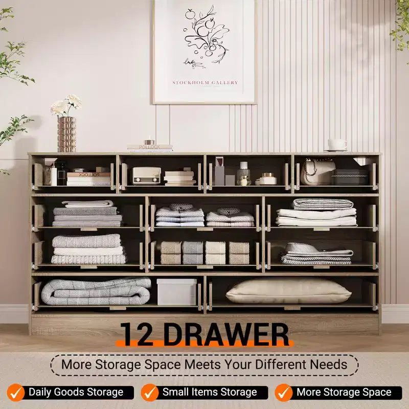 Commode en bois pour chambre à coucher avec 12 tiroirs, commode-meuble TV de 155 cm de large pour téléviseur de 65 pouces, commode en rotin pour salon, couloir