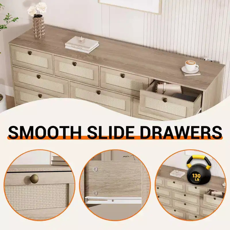 Commode en bois pour chambre à coucher avec 12 tiroirs, commode-meuble TV de 155 cm de large pour téléviseur de 65 pouces, commode en rotin pour salon, couloir