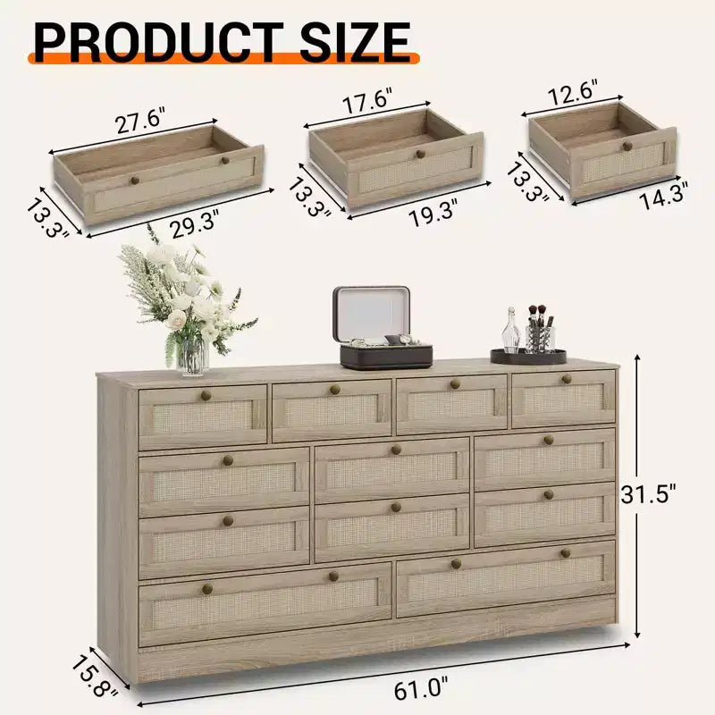 Commode en bois pour chambre à coucher avec 12 tiroirs, commode-meuble TV de 155 cm de large pour téléviseur de 65 pouces, commode en rotin pour salon, couloir