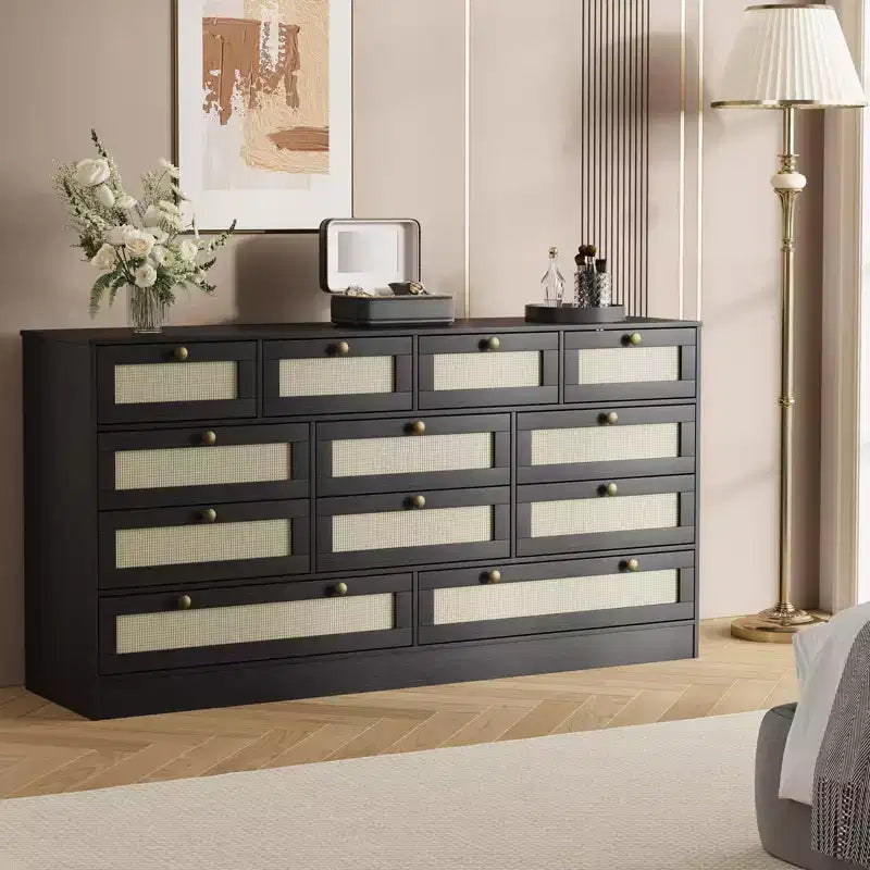 Commode en bois pour chambre à coucher avec 12 tiroirs, commode-meuble TV de 155 cm de large pour téléviseur de 65 pouces, commode en rotin pour salon, couloir