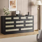 Commode en bois pour chambre à coucher avec 12 tiroirs, commode-meuble TV de 155 cm de large pour téléviseur de 65 pouces, commode en rotin pour salon, couloir