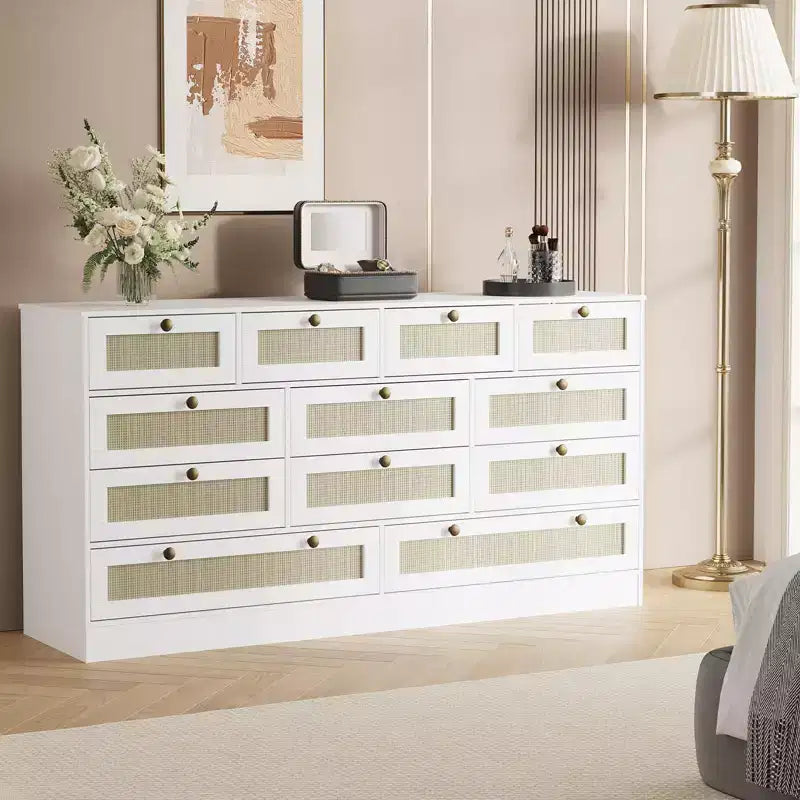 Commode en bois pour chambre à coucher avec 12 tiroirs, commode-meuble TV de 155 cm de large pour téléviseur de 65 pouces, commode en rotin pour salon, couloir